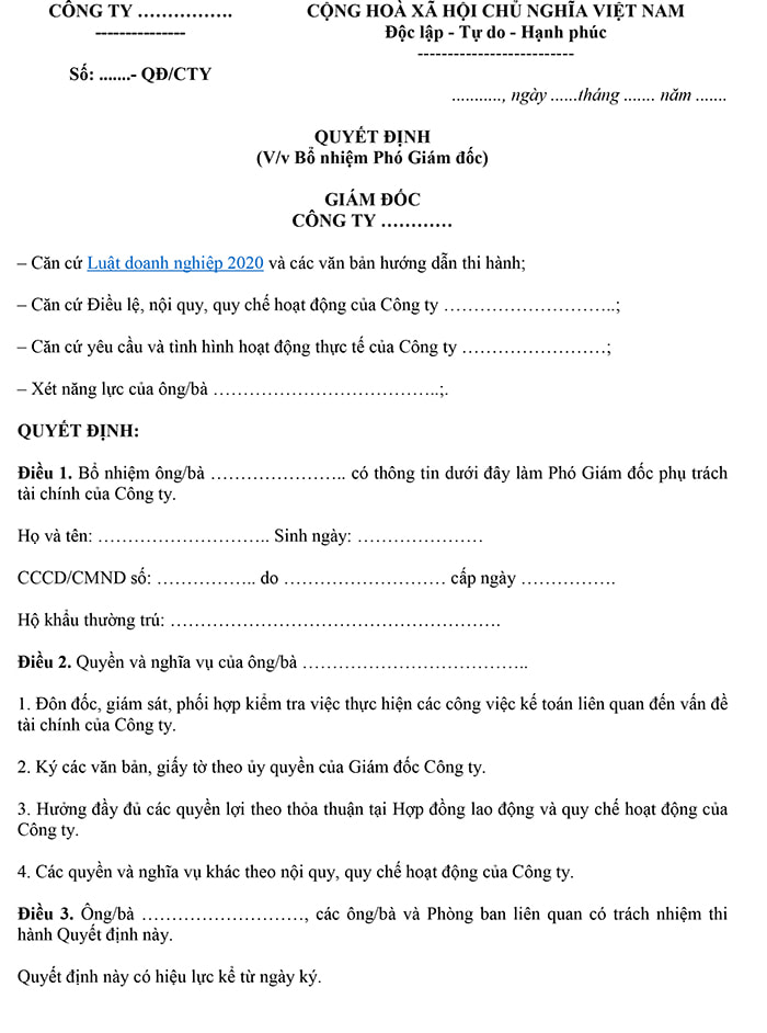 Mẫu quyết định bổ nhiệm phó giám đốc 
