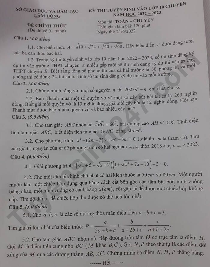 Đề thi vào lớp 10 năm 2022 môn Toán tỉnh Lâm Đồng