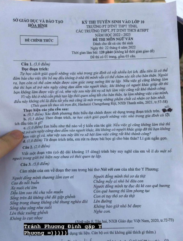 Đề thi môn Ngữ văn vào lớp 10 Hòa Bình năm 2022 nóng nhất, mới nhất 0