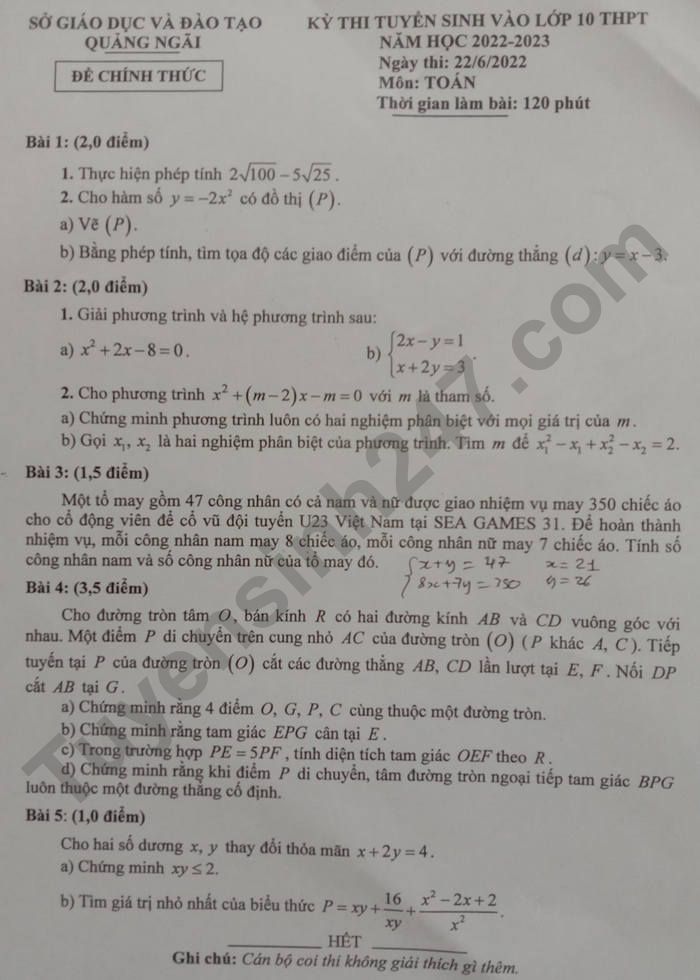 Đề thi vào lớp 10 2022 Quảng Ngãi môn Toán