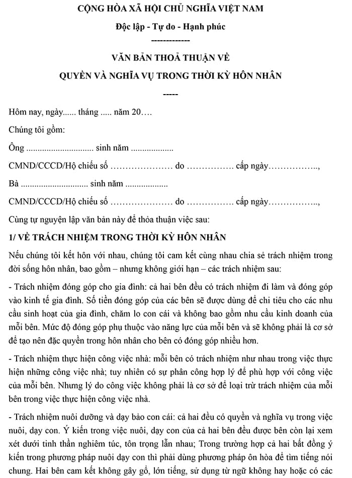 Mẫu hợp đồng tiền hôn nhân