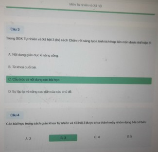 Đáp án trắc nghiệm tập huấn môn TNXH lớp 3 Chân trời sáng tạo