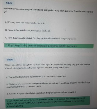 Đáp án trắc nghiệm tập huấn môn TNXH lớp 3 Chân trời sáng tạo