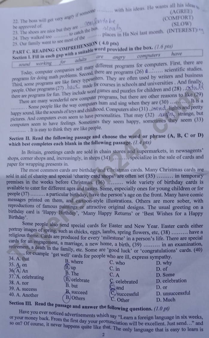 Dap an de thi mon Anh vao lop 10 nam 2022 - Quang Ngai