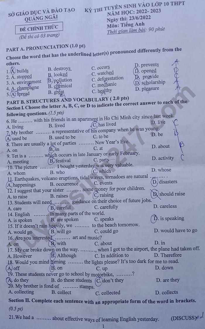 Dap an de thi mon Anh vao lop 10 nam 2022 - Quang Ngai