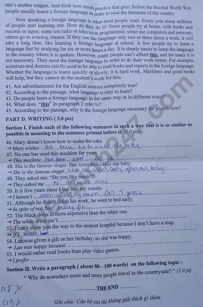 Dap an de thi mon Anh vao lop 10 nam 2022 - Quang Ngai