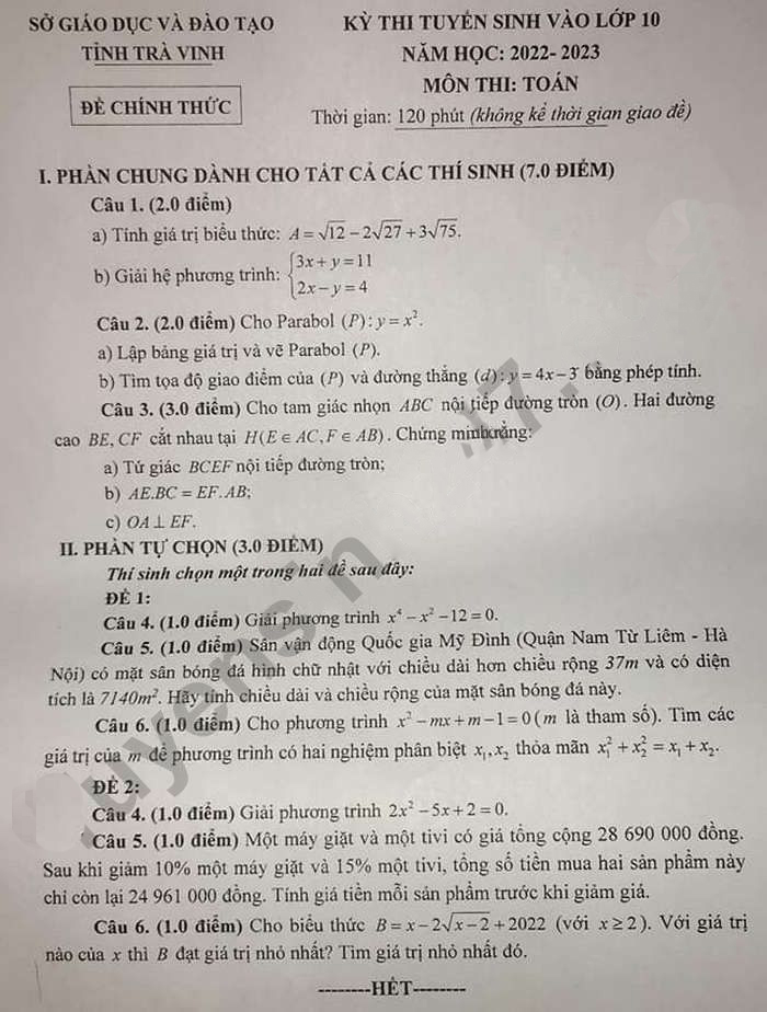 Đề thi vào lớp 10 2022 môn Toán Trà Vinh