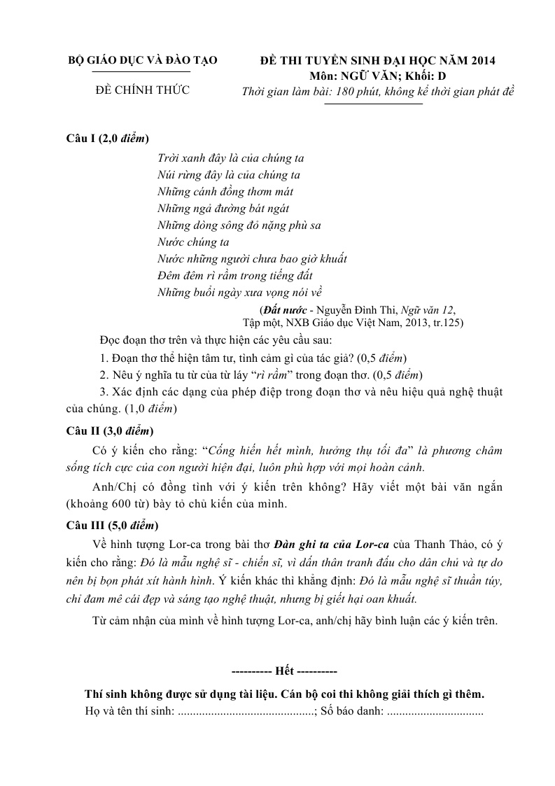 Đề thi Văn THPT quốc gia năm 2014