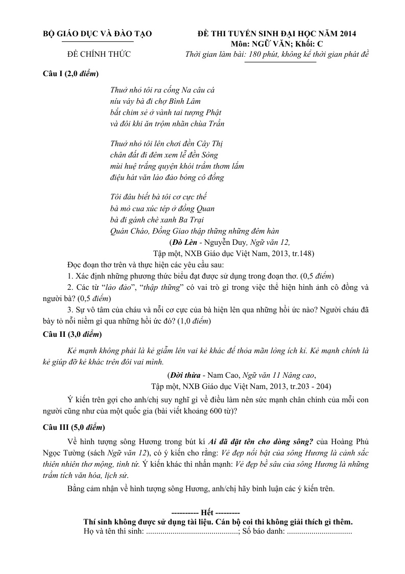 Đề thi Văn THPT quốc gia năm 2014