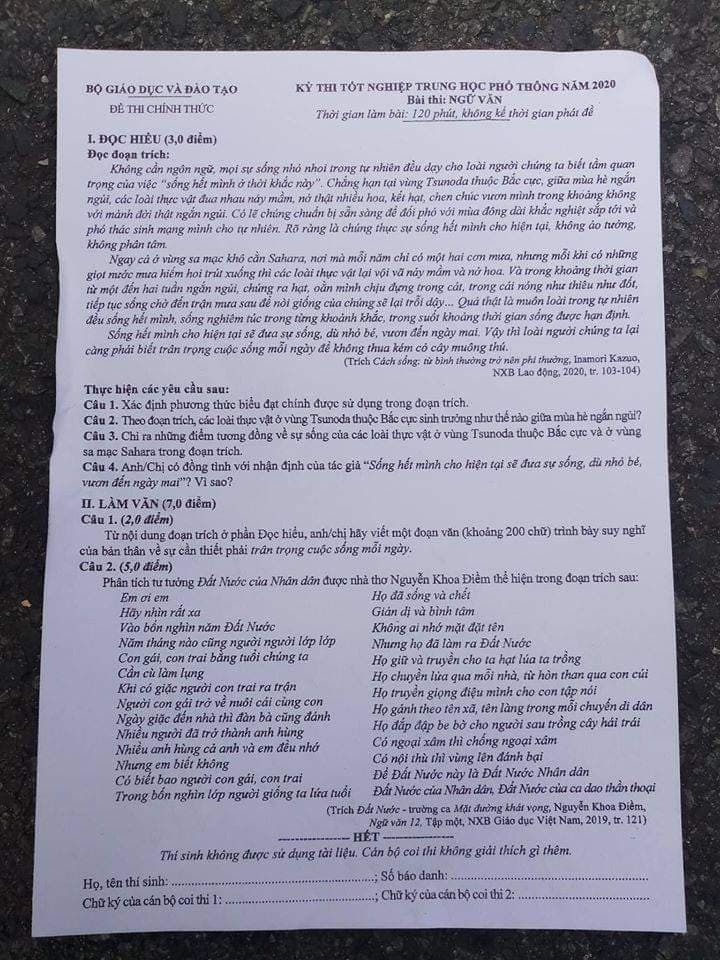 Đề thi môn văn tốt nghiệp THPT 2020