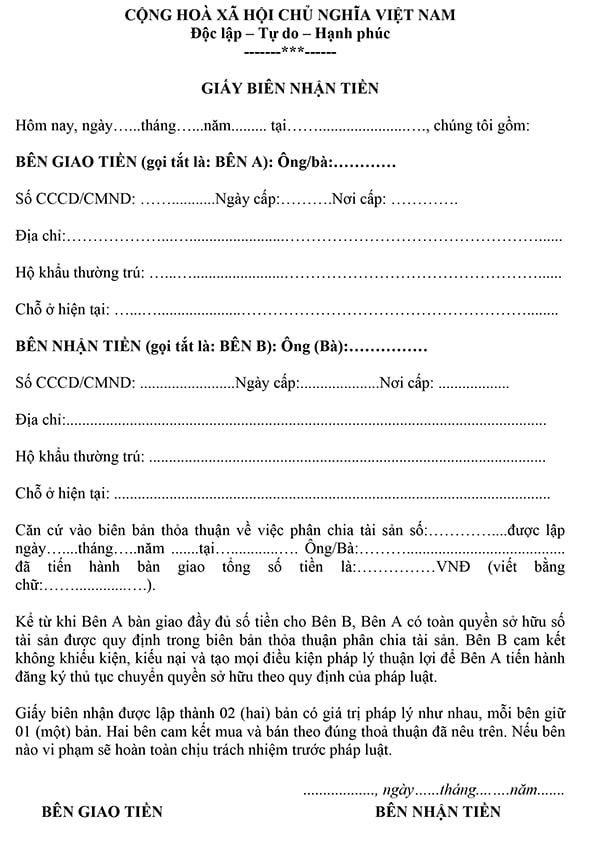 Mẫu giấy biên nhận tiền mặt