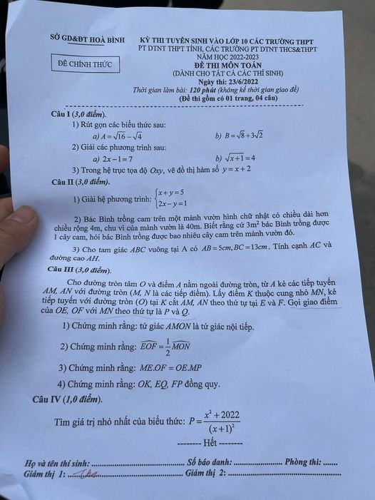 Đề thi tuyển sinh lớp 10 môn Toán Hòa Bình 2022