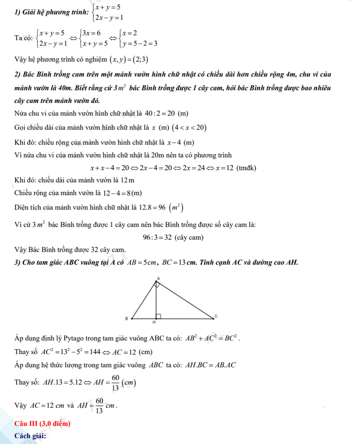 Đáp án đề thi tuyển sinh môn Toán lớp 10 2022 Hòa Bình