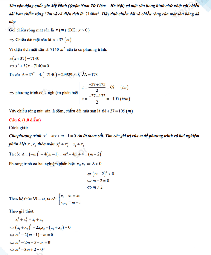 Đáp án đề thi tuyển sinh lớp 10 môn Toán 2022 Trà Vinh