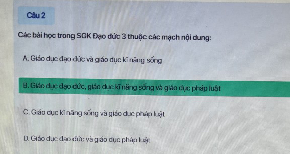 Đáp án trắc nghiệm tập huấn môn Đạo đức lớp 3 Chân trời sáng tạo