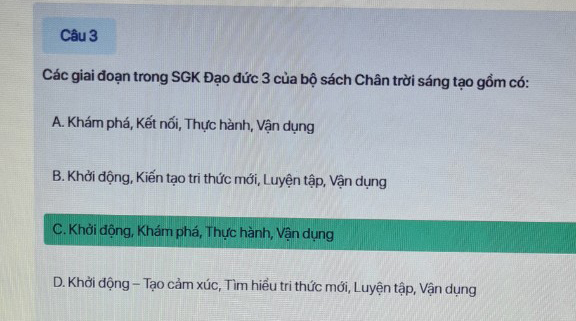Đáp án trắc nghiệm tập huấn môn Đạo đức lớp 3 Chân trời sáng tạo