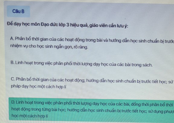 Đáp án trắc nghiệm tập huấn môn Đạo đức lớp 3 Chân trời sáng tạo