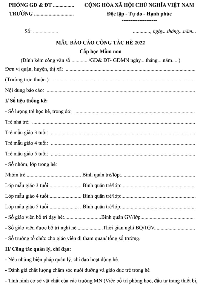 Mẫu báo cáo công tác hè