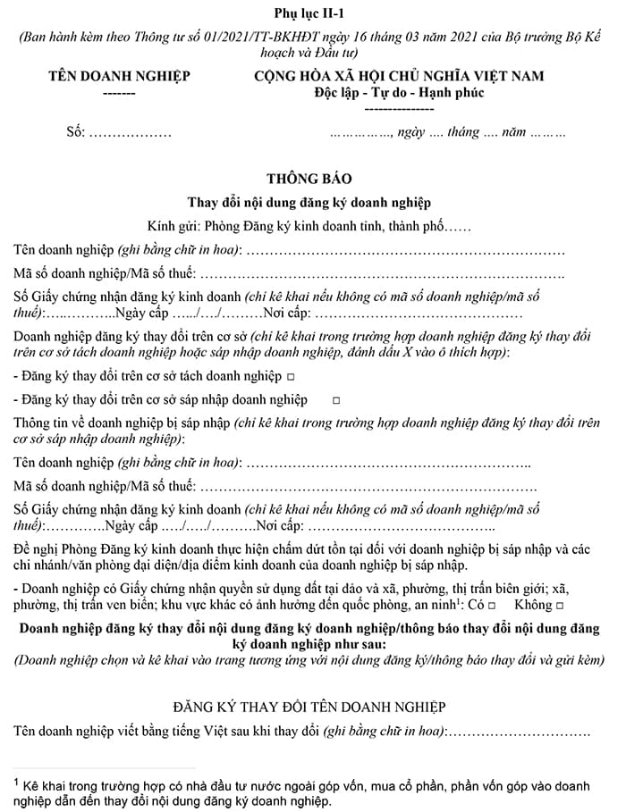 Mẫu thông báo thay đổi tên doanh nghiệp