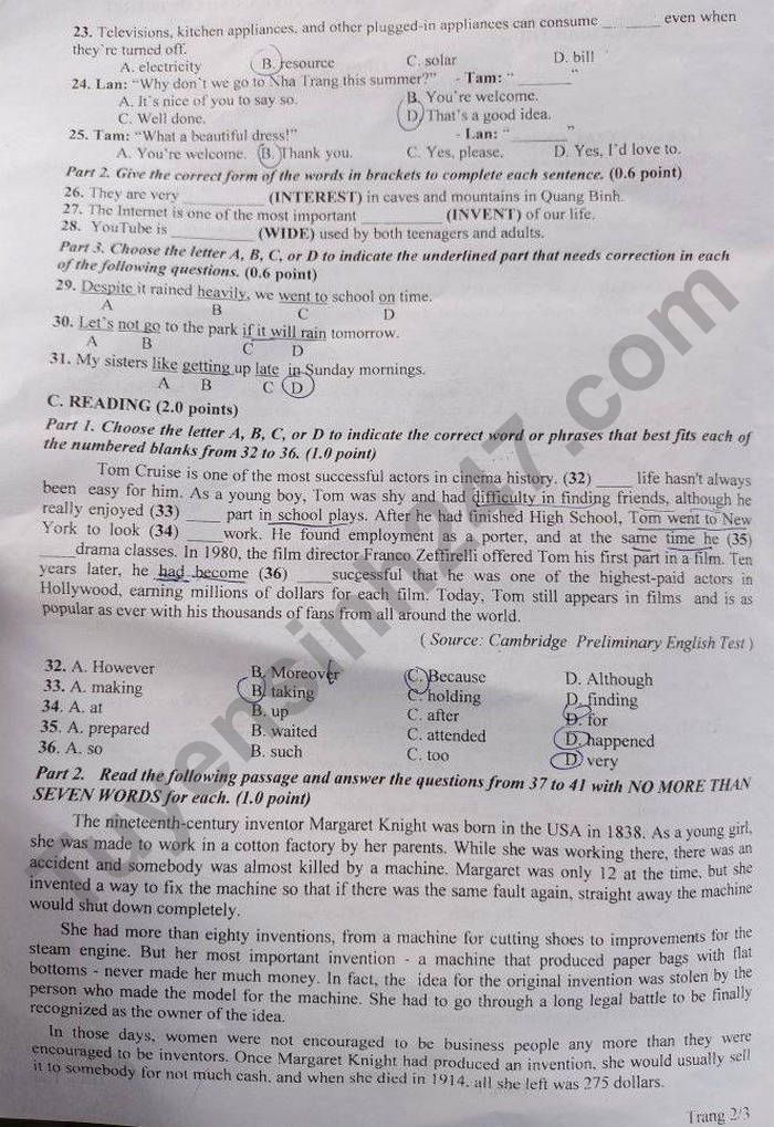 Đề thi vào 10 môn Anh Sóc Trăng 2022