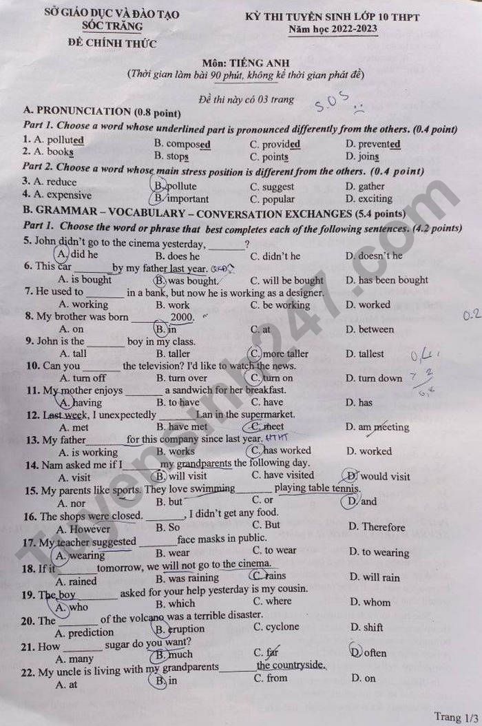 Đề thi vào 10 môn Anh Sóc Trăng 2022