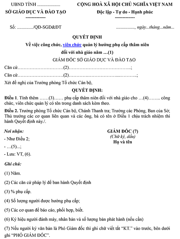 Mẫu quyết định về việc công chức viên chức hưởng phụ cấp thâm niên nhà giáo