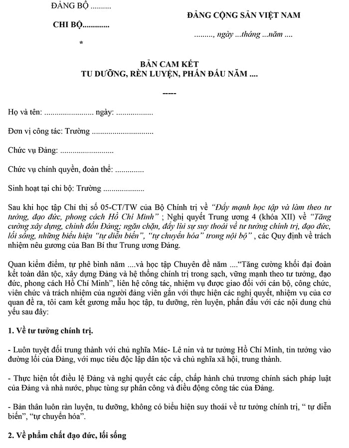 Bản cam kết rèn luyện, phấn đấu của giáo viên
