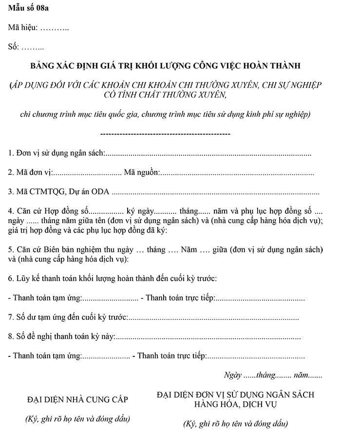 Bảng xác định giá trị khối lượng công việc hoàn thành