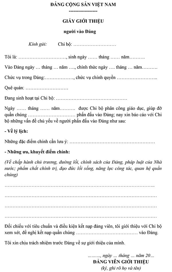 Mẫu giấy giới thiệu người vào Đảng