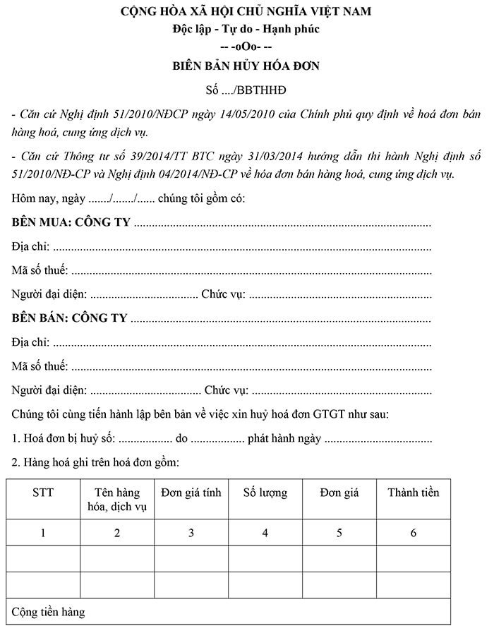 Biên bản hủy hóa đơn GTGT mới nhất