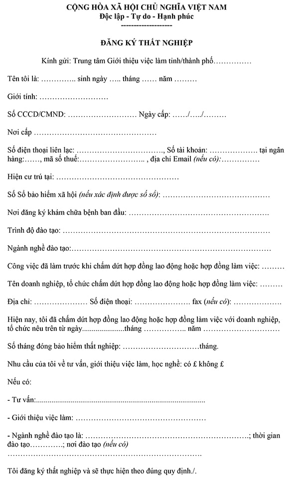 Mẫu bảng thông tin đăng ký thất nghiệp 