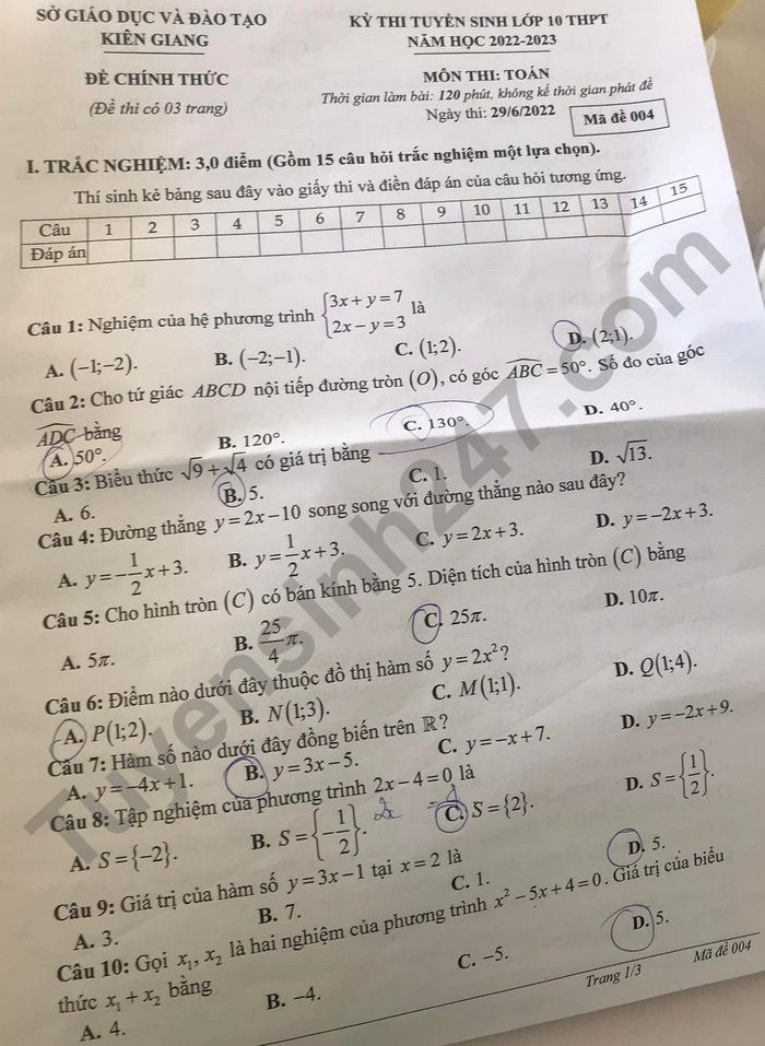 Đề thi vào lớp 10 THPT công lập kiên Giang 2022