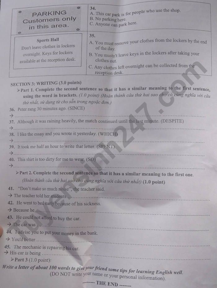 Đề thi vào 10 môn Anh Ninh Thuận 2022