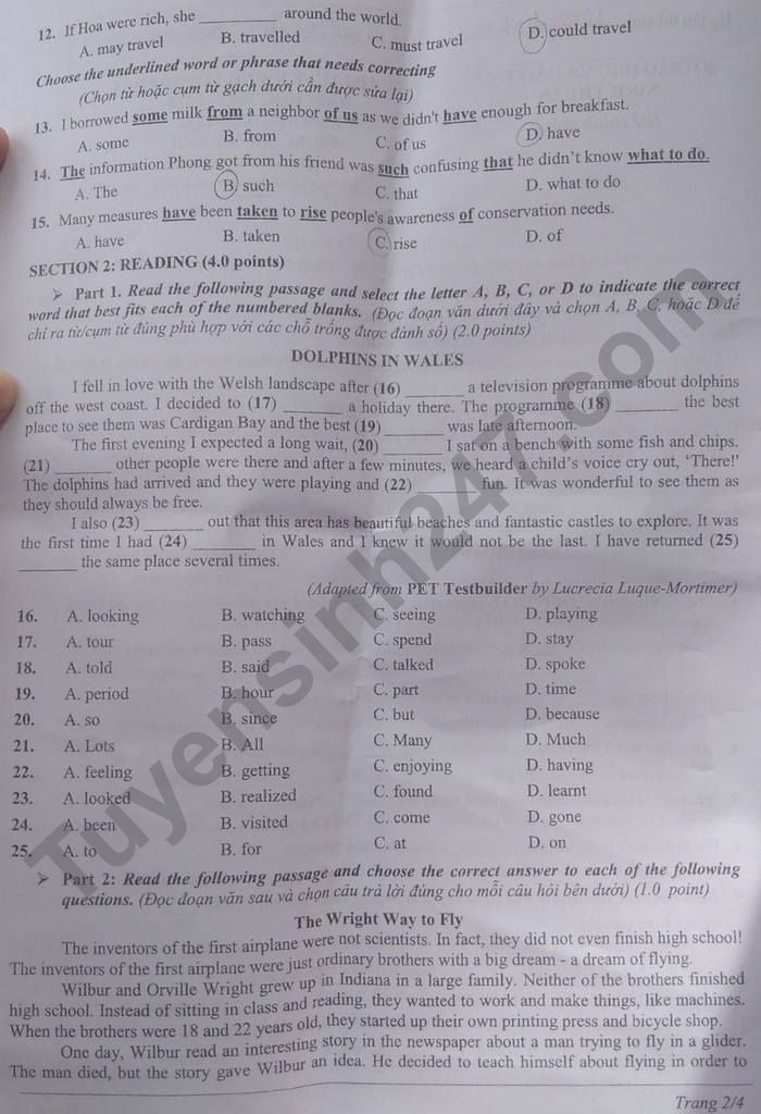 Đề thi vào 10 môn Anh Ninh Thuận 2022