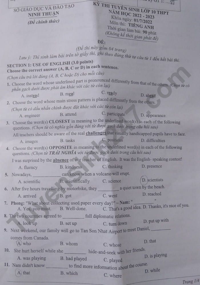 Đề thi vào 10 môn Anh Ninh Thuận 2022