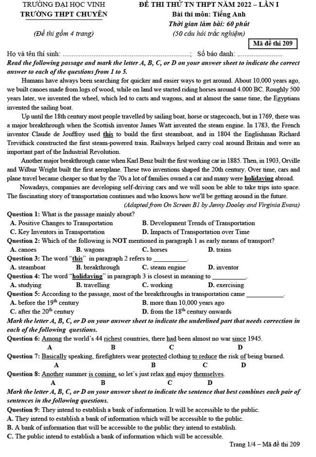 Đề thi thử THPT Quốc gia 2022 môn Anh lần 1 Chuyên ĐH Vinh