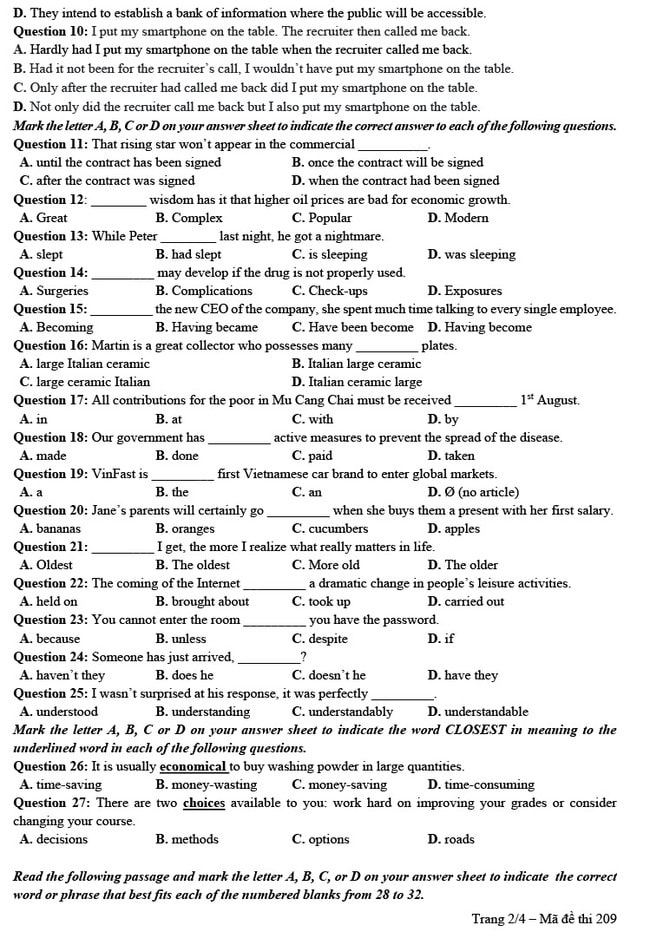 Đề thi thử THPT Quốc gia 2022 môn Anh lần 1 Chuyên ĐH Vinh