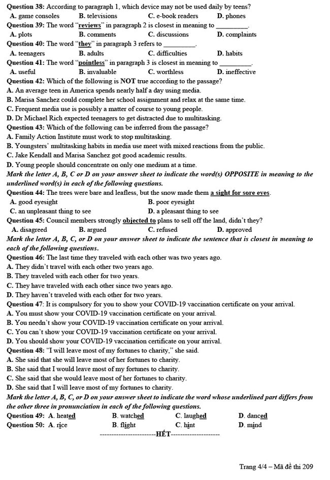 Đề thi thử THPT Quốc gia 2022 môn Anh lần 1 Chuyên ĐH Vinh