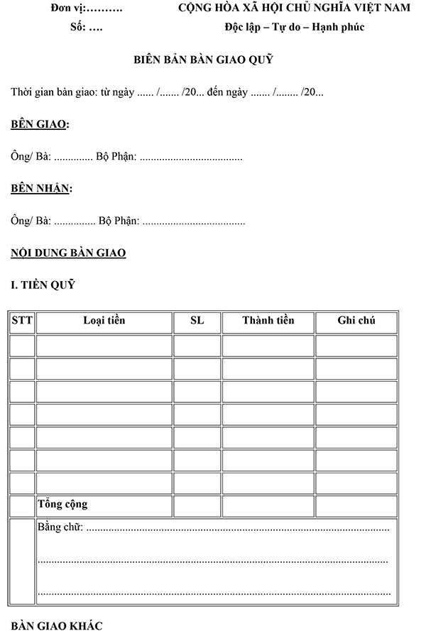 Mẫu biên bản bàn giao quỹ tiền mặt