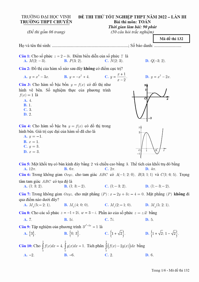 Đề thi thử môn Toán chuyên ĐH Vinh 2022 lần 3