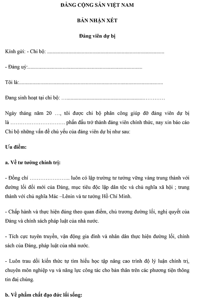 Bản nhận xét đảng viên dự bị 2024