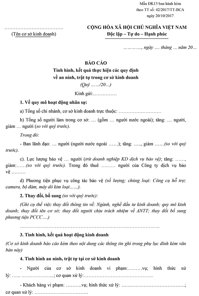 Báo cáo tình hình, kết quả thực hiện các quy định về ANTT trong cơ sở kinh doanh