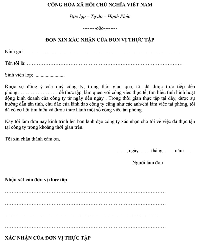 Mẫu giấy xác nhận thực tập số