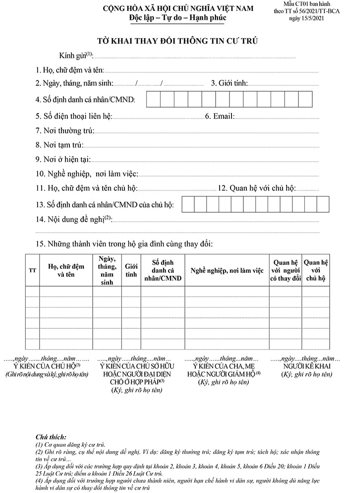 Tờ khai thay đổi thông tin cư trú mới nhất