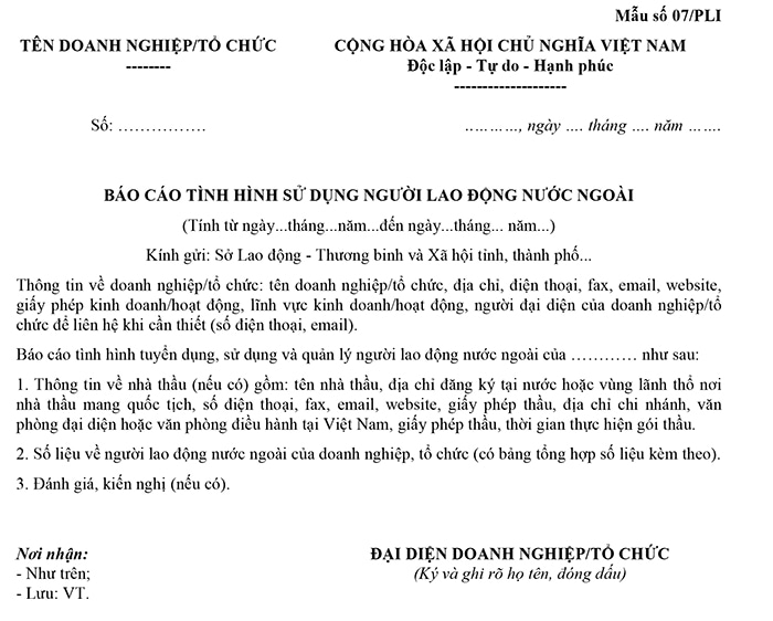 Mẫu báo cáo tình hình sử dụng lao động người nước ngoài