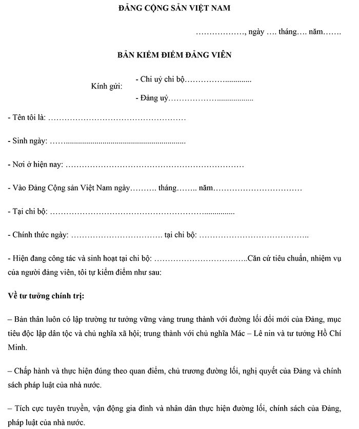 Mẫu bản kiểm điểm đảng viên chuyển sinh hoạt Đảng