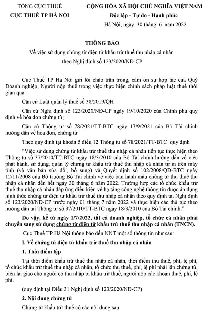 Công văn của cục Thuế về việc sử dụng chứng từ điện tử khấu trừ thuế TNCN theo Nghị định 123/2020/NĐ-CP