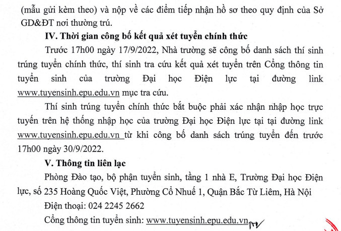 Dai hoc Dien luc cong bo diem chuan hoc ba 2022
