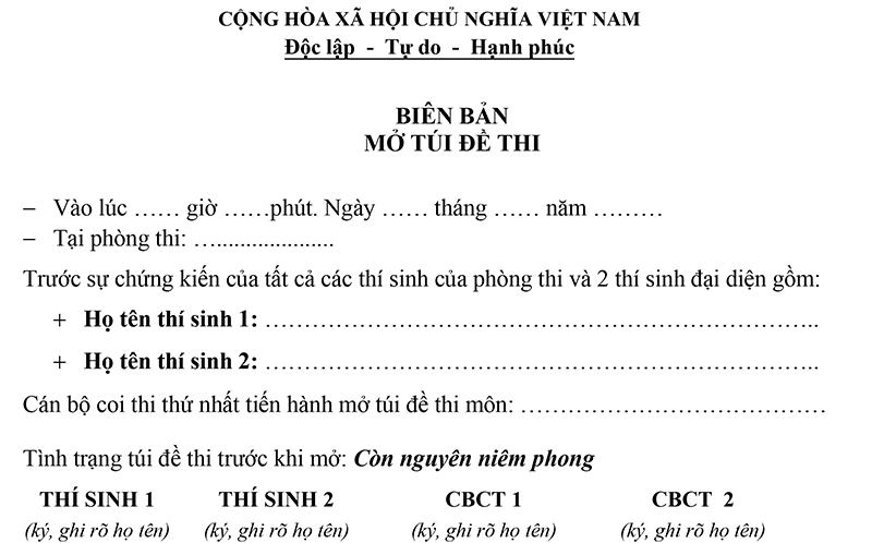 Mẫu biên bản mở túi đề thi