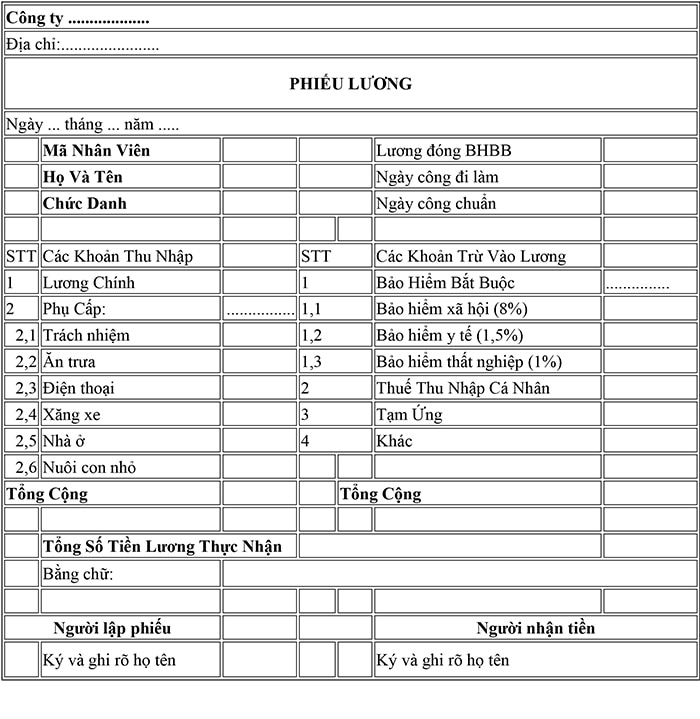 Mẫu bảng lương nhân viên